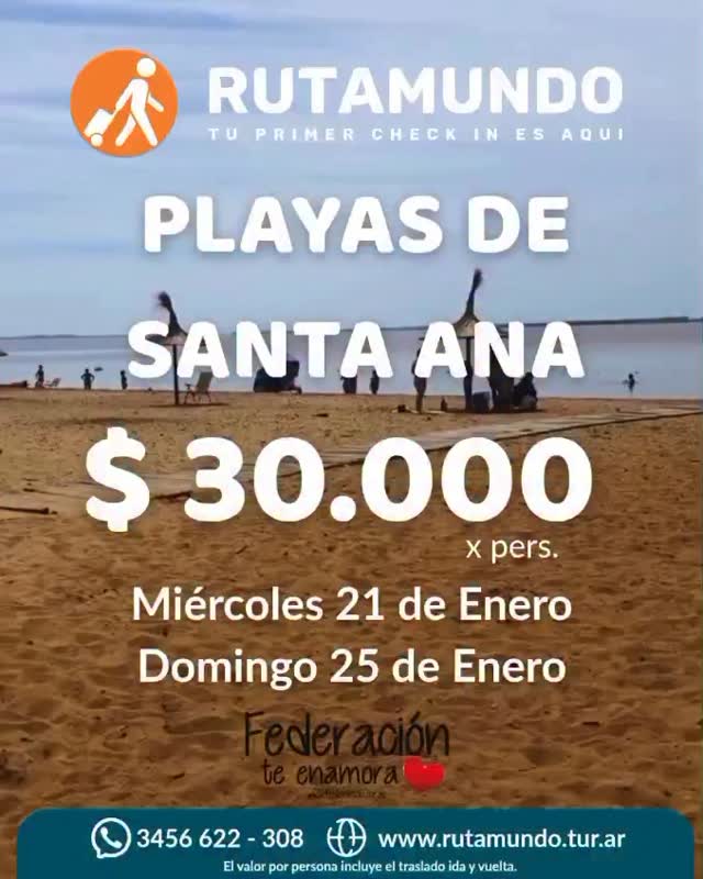 CARIBE ENTRERRIANO… 🏖️PLAYAS DE SANTA ANA 🏝️EL PARAÍSO DE LA PROVINCIA DE ENTRE RÍOS 🌴

🗓️MIÉRCOLES 21 DE ENERO 
🗓️DOMINGO 25 DE ENERO
⏰ 9 HS A 18 HS 
💲30.000 x persona.

INCLUYE: Traslado ida/vuelta. 

@federacionteenamora @fabmarturismo @turismoer @zamoranoviajes @santaana.tur 

📲 CONSULTAS Y RESERVAS 3456 622-308📲

#somosrutamundo #agenciadeviajes #excursiones #playasantaana #federacionteenamora❤