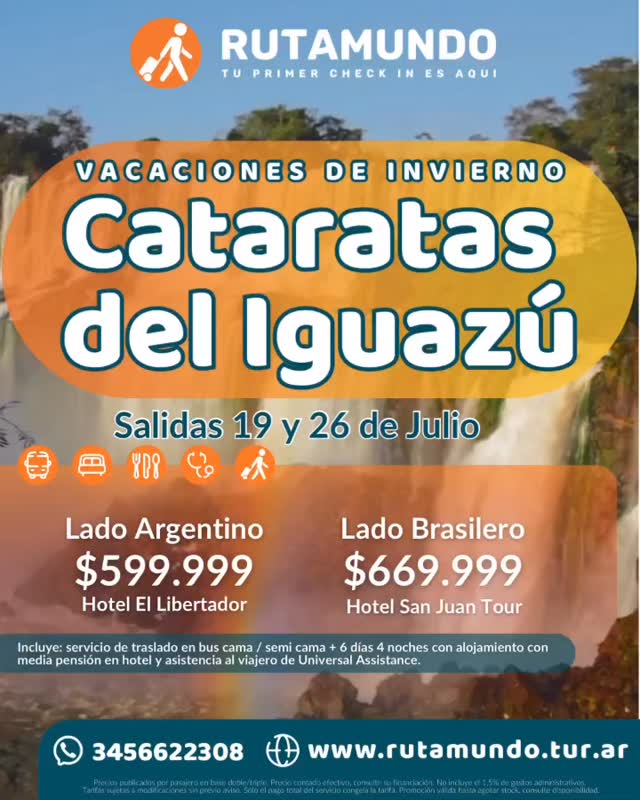 VACACIONES DE INVIERNO EN CATARATAS‼️

Te ofrecemos “Lado argentino” ó “Lado Brasilero” para que tu estadía sea como la soñaste 🙌

🗓️ Salidas 19 y 26 de Julio 
🚐 Bus cama/semi cama 
🛌 6 días / 4 noches en hotel ⭐️⭐️⭐️
🍽️ Media pensión 
🚑 Asistencia al viajero 

Consultas y reservas al 📲3456 622 308

#somosrutamundo #viajesgrupales #vacaciones #cataratasdeliguazu #viajesdeensueño