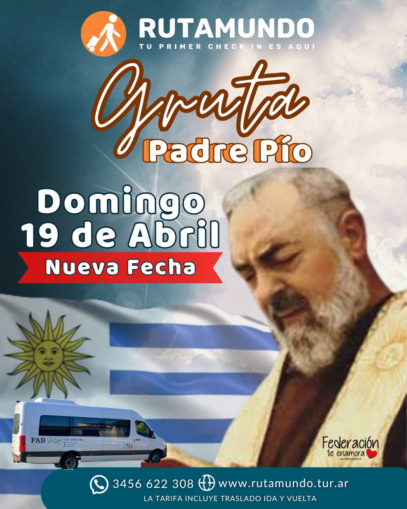 🚨NUEVA FECHA🚨 VAMOS A LA GRUTA DEL PADRE PÍO, URUGUAY🇺🇾

Silencio, fe y naturaleza se combinan en ésta experiencia inolvidable ✨

📍Estancia La Aurora, Uy.
🗓️ Domingo 19 de Abril
🚐 Salimos desde Federación

Consultas y reservas 📲 3456 622 308

@federacionteenamora @fabmarturismo 

#somosrutamundo #grutapadrepio #uruguay #excursiones #peacefull