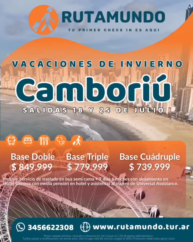 QUE LAS VACACIONES DE INVIERNO TE ENCUENTREN EN BRASIL!!! 🇧🇷 🍹

🗓️ Salidas 18 y 25 de Julio 
🚐 Bus cama/semi cama 
🛌 9 días/ 6 noches en Hotel Génova 
🍽️ Media pensión 
🩺 Asistencia al viajero 

Reservas al 📲 3456 622 308

#somosrutamundo #agenciadeviajes #viajesgrupales #viajesinternacionales #Camboriú