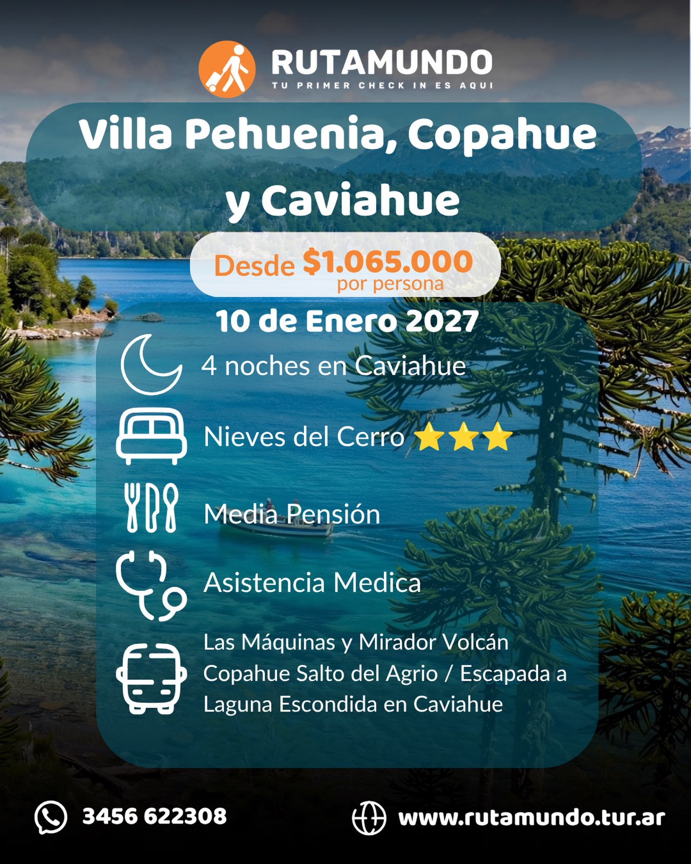🌿 Este verano, descubrí la magia de la Patagonia. ✨

Villa Pehuenia, Copahue y Caviahue te esperan con paisajes únicos, naturaleza imponente y experiencias inolvidables. 🏞️❄️

📅 Salida: 10 de enero de 2027
📩 Consulte disponibilidad y reserve su lugar. ¡Viví el sur con la tranquilidad de viajar junto a RUTAMUNDO!🌎

#rutamundo #patagoniaargentina❤️ #villapehuenia #caviahue #copahue